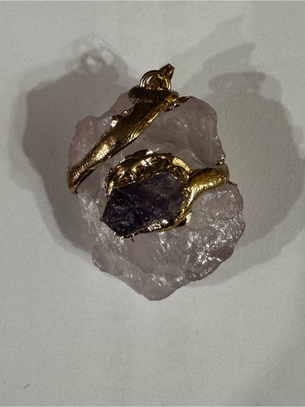 Gold-Tone Raw Amethyst Pendant on Rose Quartz Accent